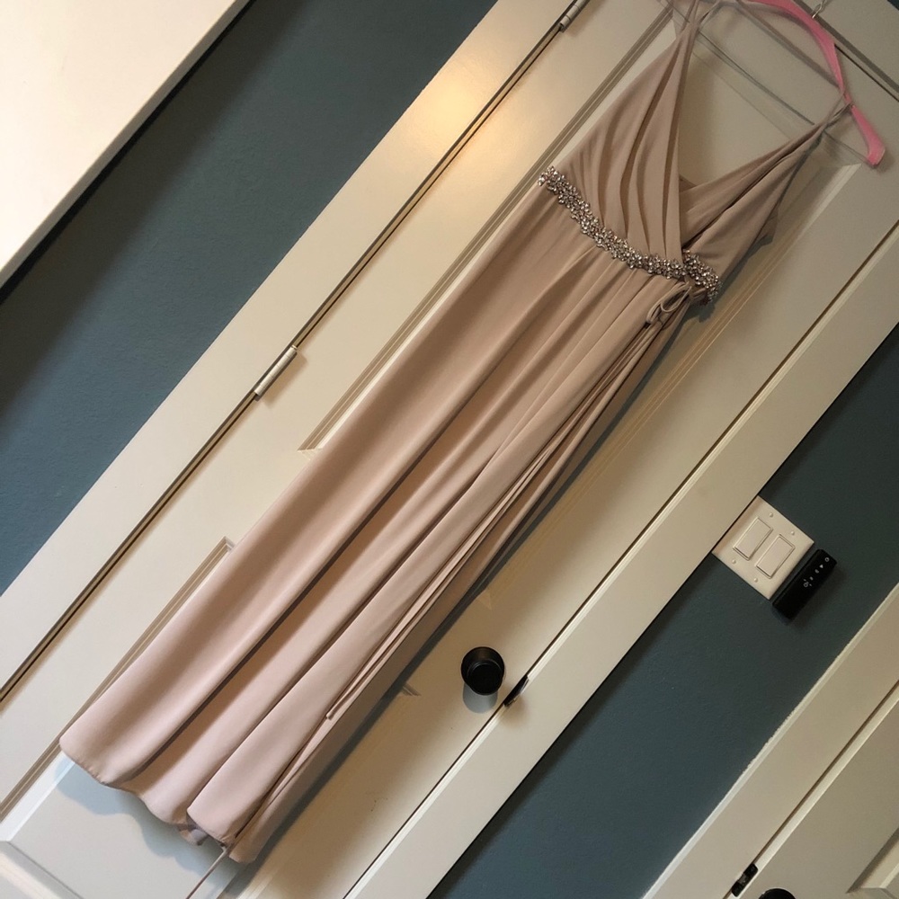 David’s Bridal double strap long bridesmaid dress